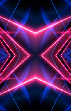 Karanlık soyut fütüristik arka plan. Neon hatları, parıltı. Neon hatları, şekiller. Pembe ve mavi parıltı