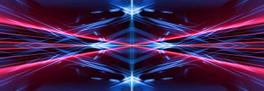 Boş koyu soyut arkaplan. Boş gösteri sahnesinin arkaplanı. Boş bir konser sahnesinde neon ışıklar ve neon figürler. Kaldırımdaki ışığın yansıması.. 