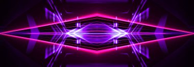 Boş koyu soyut arkaplan. Boş gösteri sahnesinin arkaplanı. Boş bir konser sahnesinde neon ışıklar ve neon figürler. Kaldırımdaki ışığın yansıması.. 