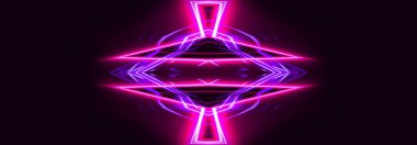 Boş koyu soyut arkaplan. Boş gösteri sahnesinin arkaplanı. Boş bir konser sahnesinde neon ışıklar ve neon figürler. Kaldırımdaki ışığın yansıması.. 