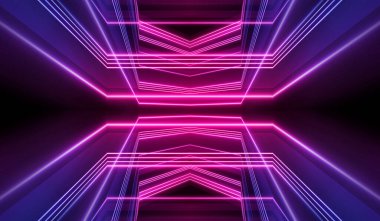 Boş koyu soyut arkaplan. Boş gösteri sahnesinin arkaplanı. Boş bir konser sahnesinde neon ışıklar ve neon figürler. Kaldırımdaki ışığın yansıması.. 