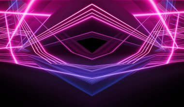 Boş koyu soyut arkaplan. Boş gösteri sahnesinin arkaplanı. Boş bir konser sahnesinde neon ışıklar ve neon figürler. Kaldırımdaki ışığın yansıması.. 