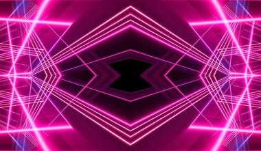 Boş koyu soyut arkaplan. Boş gösteri sahnesinin arkaplanı. Boş bir konser sahnesinde neon ışıklar ve neon figürler. Kaldırımdaki ışığın yansıması.. 