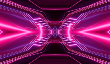 Boş koyu soyut arkaplan. Boş gösteri sahnesinin arkaplanı. Boş bir konser sahnesinde neon ışıklar ve neon figürler. Kaldırımdaki ışığın yansıması.. 