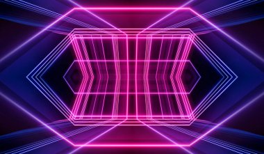 Boş koyu soyut arkaplan. Boş gösteri sahnesinin arkaplanı. Boş bir konser sahnesinde neon ışıklar ve neon figürler. Kaldırımdaki ışığın yansıması.. 