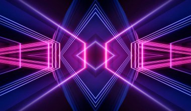 Boş koyu soyut arkaplan. Boş gösteri sahnesinin arkaplanı. Boş bir konser sahnesinde neon ışıklar ve neon figürler. Kaldırımdaki ışığın yansıması.. 