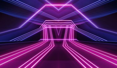 Boş koyu soyut arkaplan. Boş gösteri sahnesinin arkaplanı. Boş bir konser sahnesinde neon ışıklar ve neon figürler. Kaldırımdaki ışığın yansıması.. 