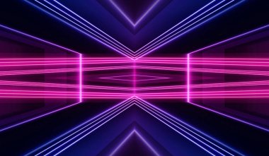 Boş koyu soyut arkaplan. Boş gösteri sahnesinin arkaplanı. Boş bir konser sahnesinde neon ışıklar ve neon figürler. Kaldırımdaki ışığın yansıması.. 