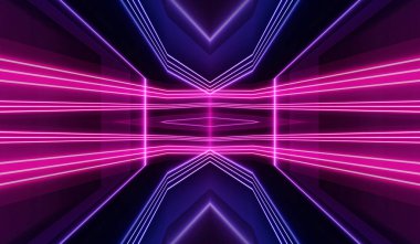 Boş koyu soyut arkaplan. Boş gösteri sahnesinin arkaplanı. Boş bir konser sahnesinde neon ışıklar ve neon figürler. Kaldırımdaki ışığın yansıması.. 