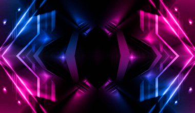 Boş koyu soyut arkaplan. Boş gösteri sahnesinin arkaplanı. Boş bir konser sahnesinde neon ışıklar ve neon figürler. Kaldırımdaki ışığın yansıması.. 