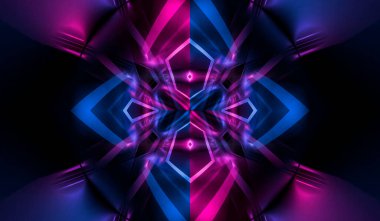 Boş koyu soyut arkaplan. Boş gösteri sahnesinin arkaplanı. Boş bir konser sahnesinde neon ışıklar ve neon figürler. Kaldırımdaki ışığın yansıması.. 