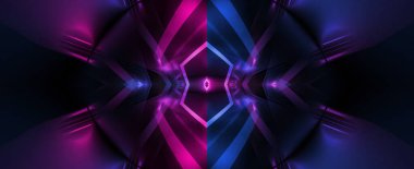 Boş koyu soyut arkaplan. Boş gösteri sahnesinin arkaplanı. Boş bir konser sahnesinde neon ışıklar ve neon figürler. Kaldırımdaki ışığın yansıması.. 