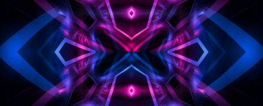 Boş koyu soyut arkaplan. Boş gösteri sahnesinin arkaplanı. Boş bir konser sahnesinde neon ışıklar ve neon figürler. Kaldırımdaki ışığın yansıması.. 