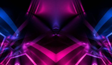 Boş koyu soyut arkaplan. Boş gösteri sahnesinin arkaplanı. Boş bir konser sahnesinde neon ışıklar ve neon figürler. Kaldırımdaki ışığın yansıması.. 