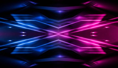 Boş koyu soyut arkaplan. Boş gösteri sahnesinin arkaplanı. Boş bir konser sahnesinde neon ışıklar ve neon figürler. Kaldırımdaki ışığın yansıması.. 