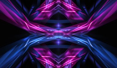 Boş koyu soyut arkaplan. Boş gösteri sahnesinin arkaplanı. Boş bir konser sahnesinde neon ışıklar ve neon figürler. Kaldırımdaki ışığın yansıması.. 