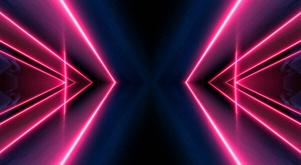 Тёмный абстрактный футуристический фон. Неоновые линии, свечение. Неоновые линии, формы. Розовое и синее свечение