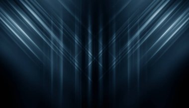 Boş sahne gösterisinin arka planı. Neon ışığı ve lazer gösterisi. Karanlık bir arka planda lazer fütüristik şekiller. Mavi neon ışığı, suda simetrik yansıma, geleceksel manzara, sahne.