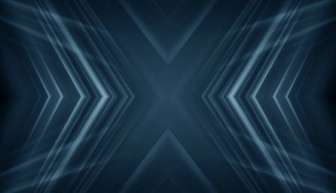 Boş sahne gösterisinin arka planı. Neon ışığı ve lazer gösterisi. Karanlık bir arka planda lazer fütüristik şekiller. Mavi neon ışığı, suda simetrik yansıma, geleceksel manzara, sahne.