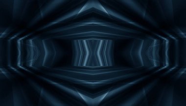 Boş sahne gösterisinin arka planı. Neon ışığı ve lazer gösterisi. Karanlık bir arka planda lazer fütüristik şekiller. Mavi neon ışığı, suda simetrik yansıma, geleceksel manzara, sahne.