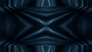 Boş sahne gösterisinin arka planı. Neon ışığı ve lazer gösterisi. Karanlık bir arka planda lazer fütüristik şekiller. Mavi neon ışığı, suda simetrik yansıma, geleceksel manzara, sahne.