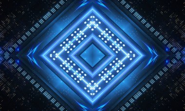 Boş sahne gösterisinin arka planı. Neon ışığı ve lazer gösterisi. Karanlık bir arka planda lazer fütüristik şekiller. Mavi neon ışığı, suda simetrik yansıma, geleceksel manzara, sahne.