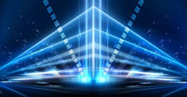 Boş sahne gösterisinin arka planı. Neon ışığı ve lazer gösterisi. Karanlık bir arka planda lazer fütüristik şekiller. Mavi neon ışığı, suda simetrik yansıma, geleceksel manzara, sahne.