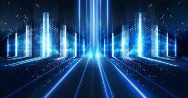 Boş sahne gösterisinin arka planı. Neon ışığı ve lazer gösterisi. Karanlık bir arka planda lazer fütüristik şekiller. Mavi neon ışığı, suda simetrik yansıma, geleceksel manzara, sahne.