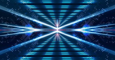 Boş sahne gösterisinin arka planı. Neon ışığı ve lazer gösterisi. Karanlık bir arka planda lazer fütüristik şekiller. Mavi neon ışığı, suda simetrik yansıma, geleceksel manzara, sahne.