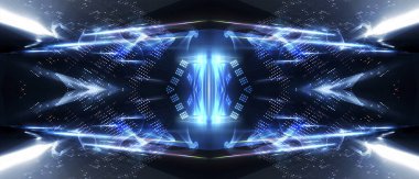 Boş sahne gösterisinin arka planı. Neon ışığı ve lazer gösterisi. Karanlık bir arka planda lazer fütüristik şekiller. Mavi neon ışığı, suda simetrik yansıma, geleceksel manzara, sahne.