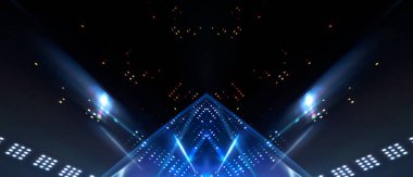 Boş sahne gösterisinin arka planı. Neon ışığı ve lazer gösterisi. Karanlık bir arka planda lazer fütüristik şekiller. Mavi neon ışığı, suda simetrik yansıma, geleceksel manzara, sahne.