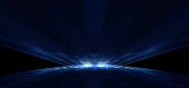 Boş sahne gösterisinin arka planı. Neon ışığı ve lazer gösterisi. Karanlık bir arka planda lazer fütüristik şekiller. Mavi neon ışığı, suda simetrik yansıma, geleceksel manzara, sahne.