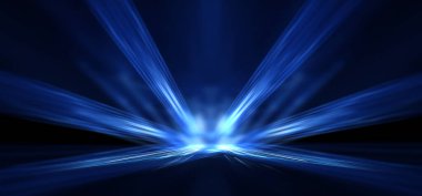 Boş sahne gösterisinin arka planı. Neon ışığı ve lazer gösterisi. Karanlık bir arka planda lazer fütüristik şekiller. Mavi neon ışığı, suda simetrik yansıma, geleceksel manzara, sahne.