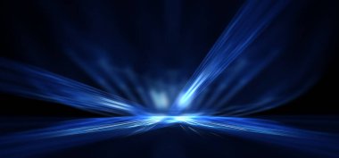 Boş sahne gösterisinin arka planı. Neon ışığı ve lazer gösterisi. Karanlık bir arka planda lazer fütüristik şekiller. Mavi neon ışığı, suda simetrik yansıma, geleceksel manzara, sahne.