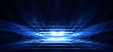 Boş sahne gösterisinin arka planı. Neon ışığı ve lazer gösterisi. Karanlık bir arka planda lazer fütüristik şekiller. Mavi neon ışığı, suda simetrik yansıma, geleceksel manzara, sahne.