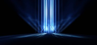 Boş sahne gösterisinin arka planı. Neon ışığı ve lazer gösterisi. Karanlık bir arka planda lazer fütüristik şekiller. Mavi neon ışığı, suda simetrik yansıma, geleceksel manzara, sahne.