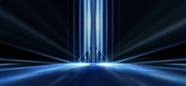 Boş sahne gösterisinin arka planı. Neon ışığı ve lazer gösterisi. Karanlık bir arka planda lazer fütüristik şekiller. Mavi neon ışığı, suda simetrik yansıma, geleceksel manzara, sahne.