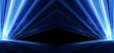 Boş sahne gösterisinin arka planı. Neon ışığı ve lazer gösterisi. Karanlık bir arka planda lazer fütüristik şekiller. Mavi neon ışığı, suda simetrik yansıma, geleceksel manzara, sahne.