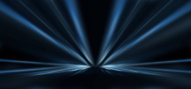 Boş sahne gösterisinin arka planı. Neon ışığı ve lazer gösterisi. Karanlık bir arka planda lazer fütüristik şekiller. Mavi neon ışığı, suda simetrik yansıma, geleceksel manzara, sahne.