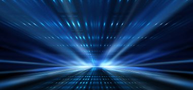 Boş sahne gösterisinin arka planı. Neon ışığı ve lazer gösterisi. Karanlık bir arka planda lazer fütüristik şekiller. Mavi neon ışığı, suda simetrik yansıma, geleceksel manzara, sahne.