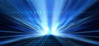 Boş sahne gösterisinin arka planı. Neon ışığı ve lazer gösterisi. Karanlık bir arka planda lazer fütüristik şekiller. Mavi neon ışığı, suda simetrik yansıma, geleceksel manzara, sahne.