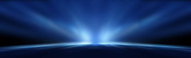 Boş sahne gösterisinin arka planı. Neon ışığı ve lazer gösterisi. Karanlık bir arka planda lazer fütüristik şekiller. Mavi neon ışığı, suda simetrik yansıma, geleceksel manzara, sahne.