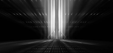 Boş sahne gösterisinin arka planı. Neon ışığı ve lazer gösterisi. Karanlık bir arka planda lazer fütüristik şekiller. Mavi neon ışığı, suda simetrik yansıma, geleceksel manzara, sahne.