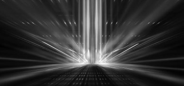 Boş sahne gösterisinin arka planı. Neon ışığı ve lazer gösterisi. Karanlık bir arka planda lazer fütüristik şekiller. Mavi neon ışığı, suda simetrik yansıma, geleceksel manzara, sahne.