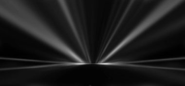 Boş sahne gösterisinin arka planı. Neon ışığı ve lazer gösterisi. Karanlık bir arka planda lazer fütüristik şekiller. Mavi neon ışığı, suda simetrik yansıma, geleceksel manzara, sahne.