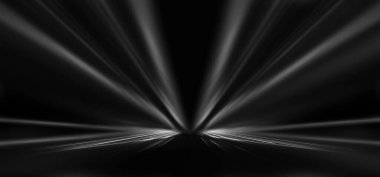 Boş sahne gösterisinin arka planı. Neon ışığı ve lazer gösterisi. Karanlık bir arka planda lazer fütüristik şekiller. Mavi neon ışığı, suda simetrik yansıma, geleceksel manzara, sahne.