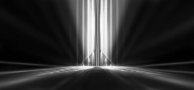 Boş sahne gösterisinin arka planı. Neon ışığı ve lazer gösterisi. Karanlık bir arka planda lazer fütüristik şekiller. Mavi neon ışığı, suda simetrik yansıma, geleceksel manzara, sahne.