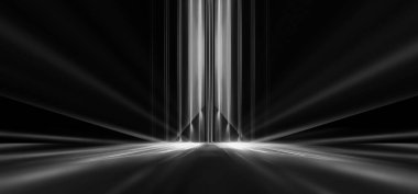 Boş sahne gösterisinin arka planı. Neon ışığı ve lazer gösterisi. Karanlık bir arka planda lazer fütüristik şekiller. Mavi neon ışığı, suda simetrik yansıma, geleceksel manzara, sahne.