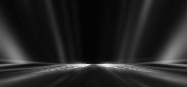 Boş sahne gösterisinin arka planı. Neon ışığı ve lazer gösterisi. Karanlık bir arka planda lazer fütüristik şekiller. Mavi neon ışığı, suda simetrik yansıma, geleceksel manzara, sahne.