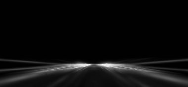 Boş sahne gösterisinin arka planı. Neon ışığı ve lazer gösterisi. Karanlık bir arka planda lazer fütüristik şekiller. Mavi neon ışığı, suda simetrik yansıma, geleceksel manzara, sahne.